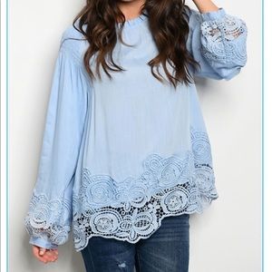 Blue crochet trim length my sleeves blouse